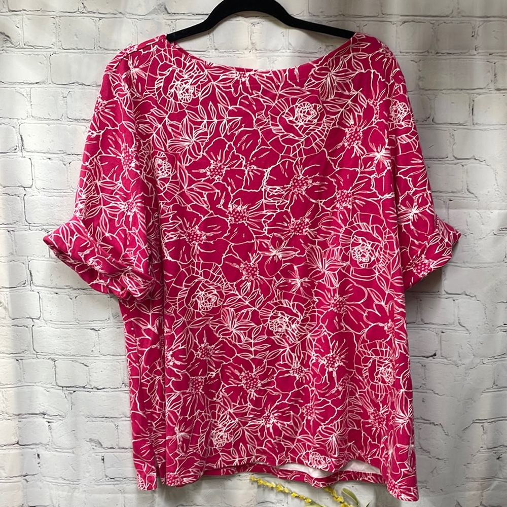 Rebecca Malone pink white floral cuffed shirt sleeve 3X